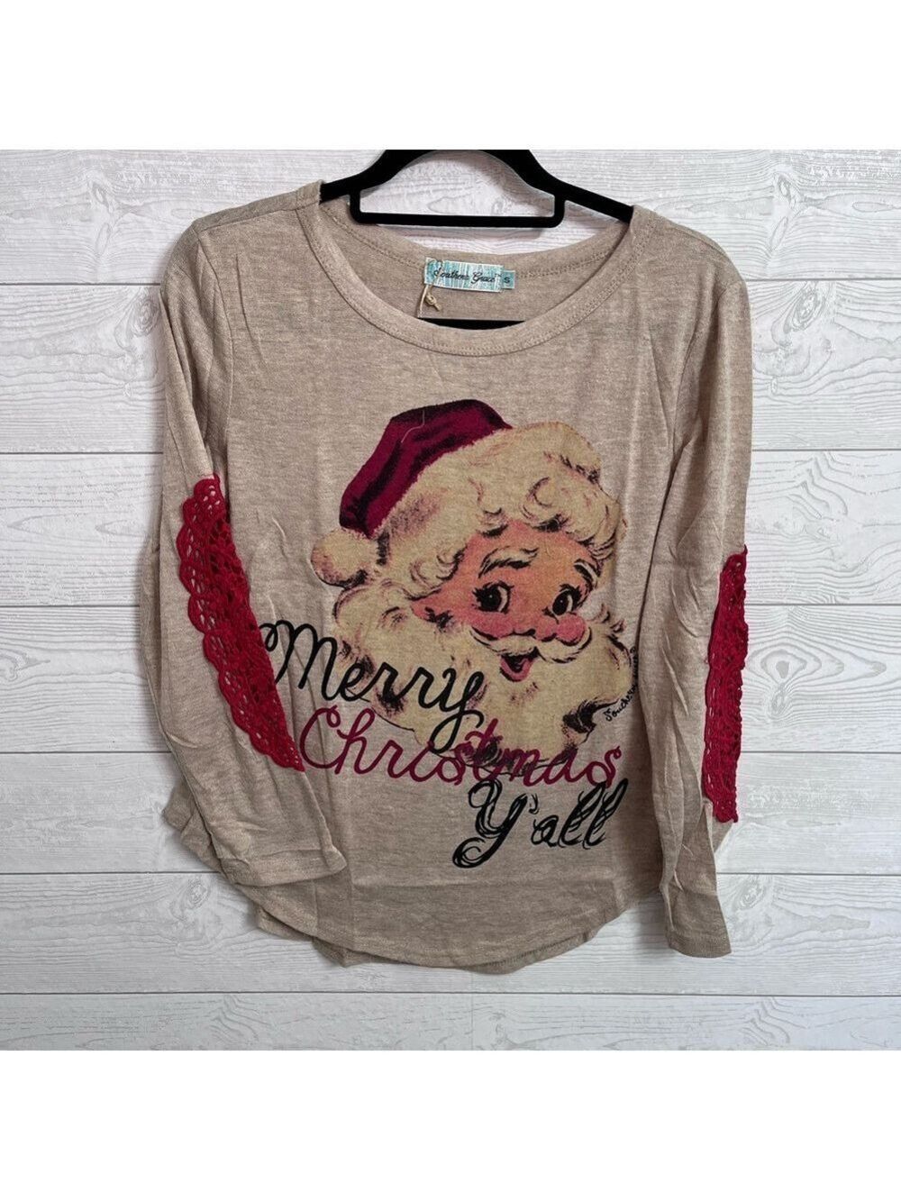 Southern Grace Women’s Tan Long Sleeve Baseball Santa Top. Size S
